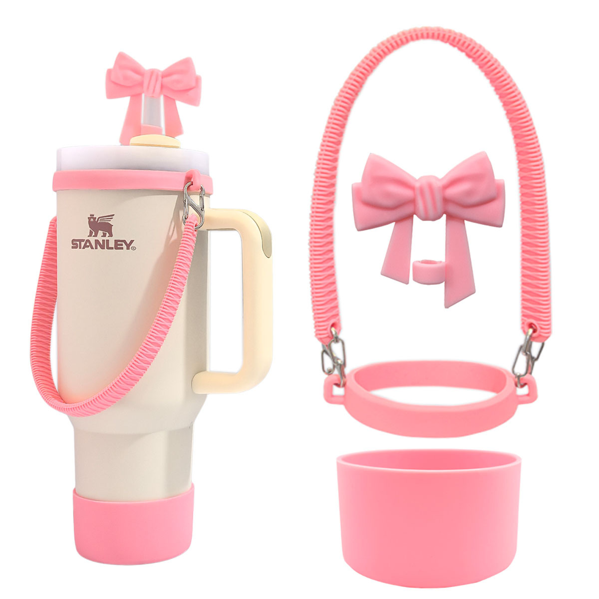 Stanley Tumbler Bowknot Accessory: food-grade silicone, safe for juice/milk tea. Dust-proof + non-slip handle (good for Philippine trips). Multi-colors, easy to install/wash. In stock. Grab now!