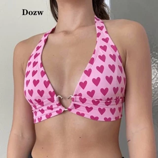 DOZW Pink Heart Print Women Aesthetic Kawaii Clothes Sleeveless Backless Lace Up Bralette Camisole