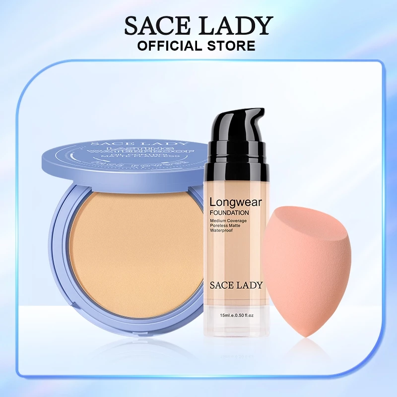 SACE LADY Oil Control Face Powder + Matte Liquid Foundation Waterproof Flawless Setting Powder Compact Face Makeup With Puff