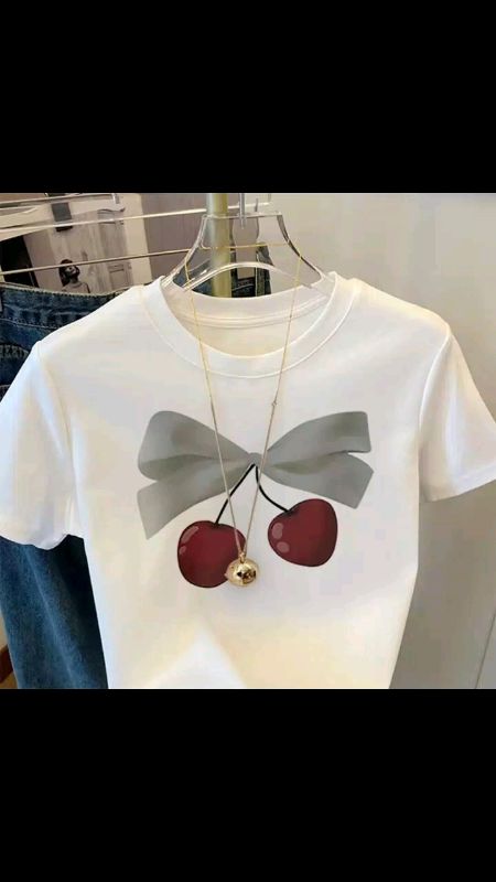 Women's casual T-shirt bow cherry print 100% cotton cute ins style loose large size short sleeves#fyp