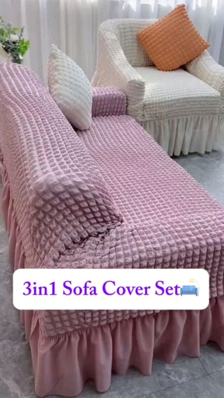 Sofa cover 3-piece set with foam gauze skirt fully wrapped elastic Seersucker sofa seat cover#subrangganda #trend #quality