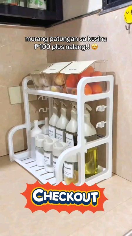 #Plastic Double kitchen shelf home storage organizer seasoning