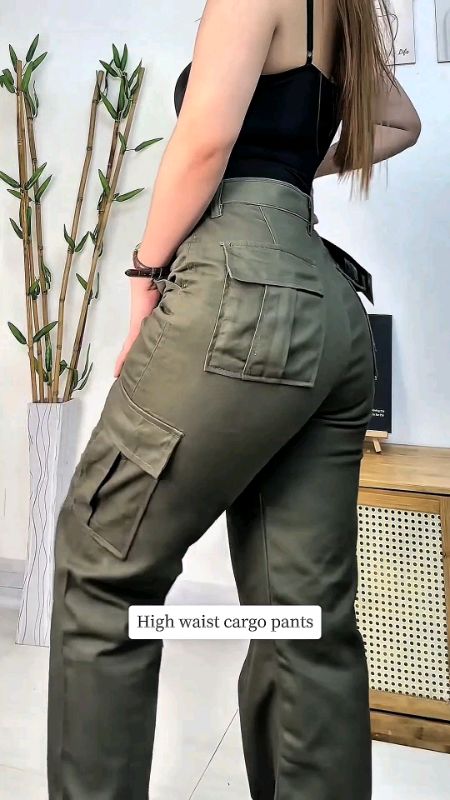 Green Shade CARGO WIDE LEG PANTS Loose High Waist Boyfriend Jeans Ladies Straight Pants Pocket #cargopants #highwaistcargopants #highwaist #forher