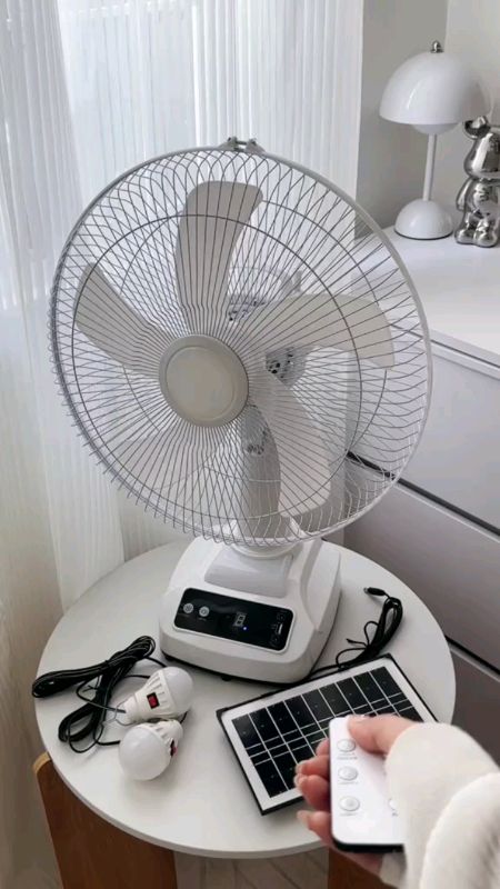 Solar fan 12-14-16 inch desktop fan (with two LED bulbs), outdoor camping home fan, solar charging dual-purpose fan, USB charging fan, high-power