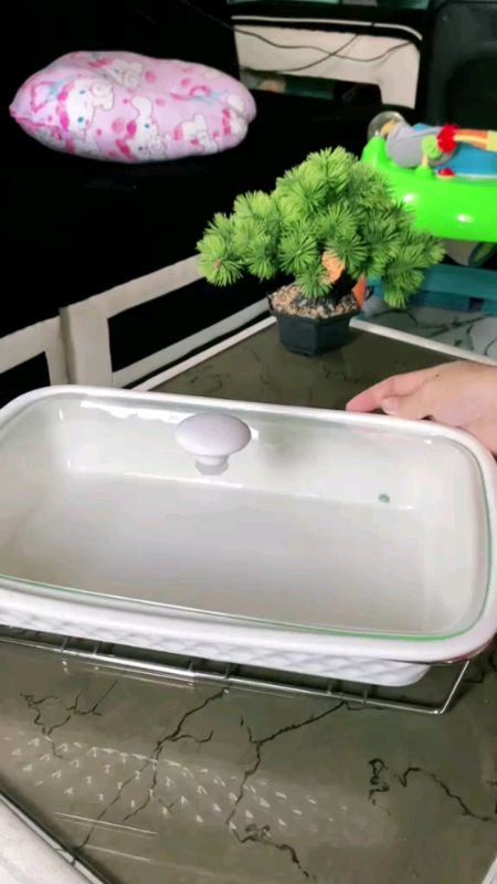 SLIQUE Ceramic Serving Dish with Glass Lid & Metal Stand Tealight Candle Holder Food Warmer