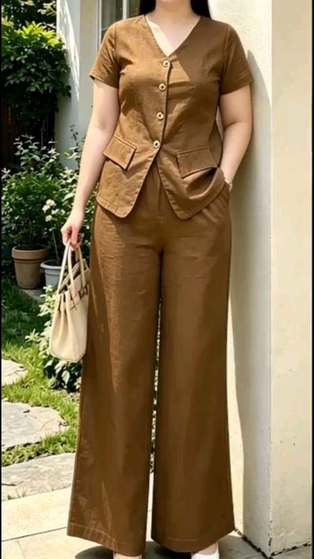 V-neck and Wideleg Pants Set with Side Pocket Button #widelegpants #Blouse #sets