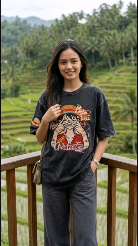 ‼️Korean Retro Smiling Luffy Print Oversized Loose Washed Black T-Shirt for Women #FreeCoinsInShopeeVideo #masmurasashopee