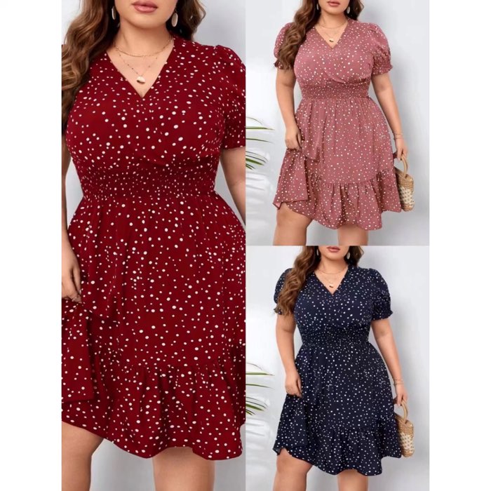 Plus size women Polka Dots Vneck Dress Elegant Elastic Sleeve Ruffle Hem #dress #fashion #women #styles #FREECOINSINSHOPEE #shopeestyles