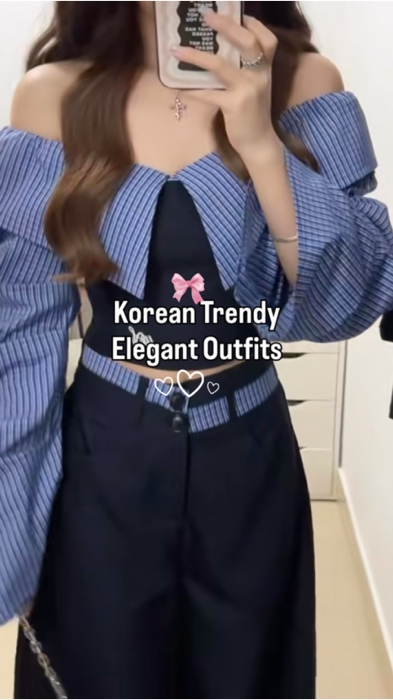 Miswin 2 Pc Women's Set Off Shoulder Striped Patchwork Shirt High Waist Straight Pants Korean Trendy #Outfit #terno #OOTD #fyp